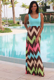 Aqua Chevron Maxi Dress With Criss Cross Back