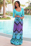 Aqua Maxi Dress With Multi Color Printed Bottom