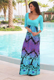Aqua Maxi Dress With Multi Color Printed Bottom