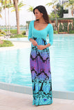 Aqua Maxi Dress With Multi Color Printed Bottom