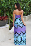 Aqua and Purple Strapless Maxi Dress