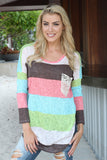 Aqua And Coral Top With Crochet Pocket
