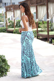 Aqua And Gray Printed Maxi Skirt