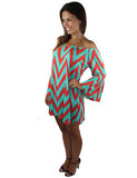 Aqua and coral chevron dress - half side view