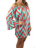 Aqua and coral chevron short dress - zoomed view