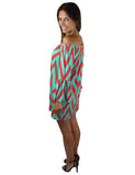 Aqua and coral short dress with bell sleeves - side view