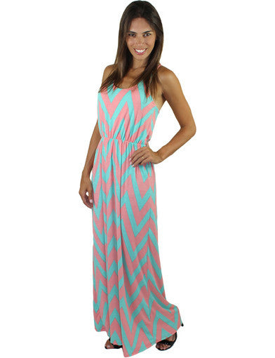 Aqua and peach chevron maxi dress - front view