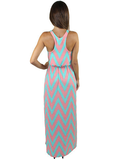 Aqua and peach racerback long dress - back view