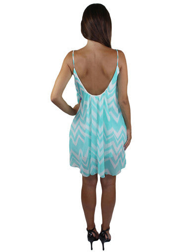 Aqua and white scoop back dress - back view