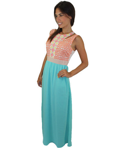 Aqua dress with multi color top - side view
