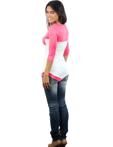 Asymmetrical coral 3/4 sleeves top - side view