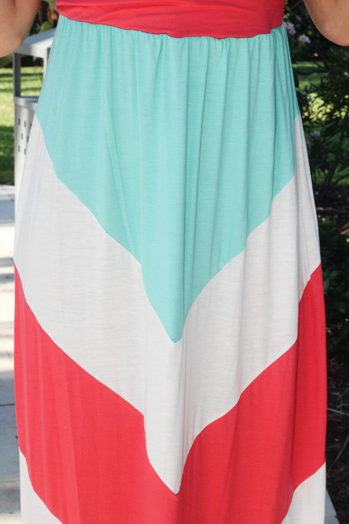 Aqua, Coral, And White Chevron Maxi Dress