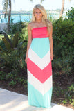 Aqua, Coral, And White Chevron Maxi Dress