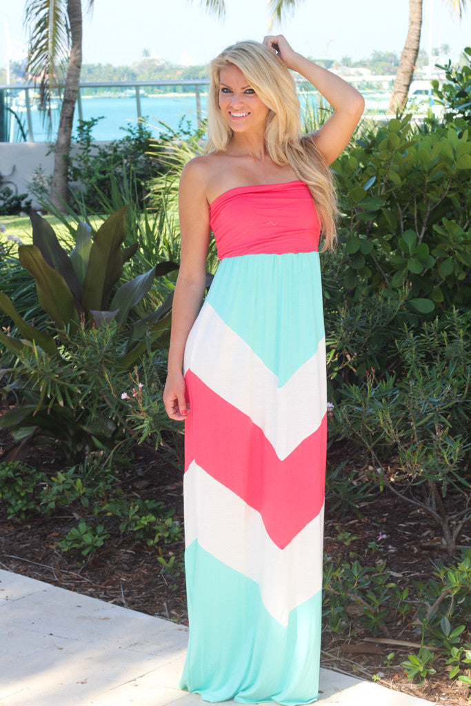 Aqua, Coral, And White Chevron Maxi Dress