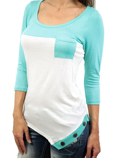 Mint and white asymmetrical top - zoomed view